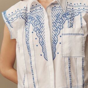 Anthropologie White and Blue Embroidered Tank Top